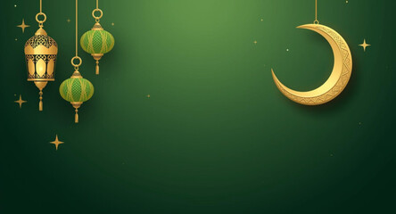 Elegant Ramadan Background with Lanterns and Golden Crescent Moon on Green. © Rizky
