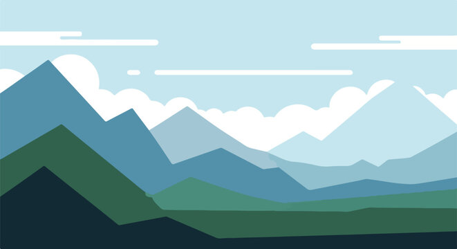Minimalist landscape of layered mountains and clouds under a blue sky