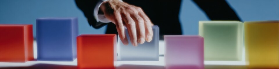 Businessman Selecting Translucent Cube on Desk, Professional Hand Choosing Data Block for Business Administration and Management Strategy Banner with Copy Space
