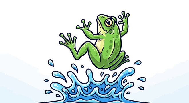 A cartoon green frog jumping into water.