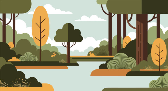 Stylized illustration of a tranquil forest scene with rabbits and trees