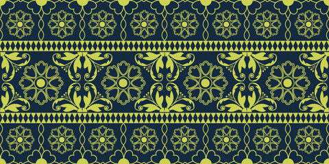 Vintage seamless floral Thai art pattern wallpaper featuring antique damask textures and traditional vector ornaments for an elegant decorative fabric backdrop © yeen