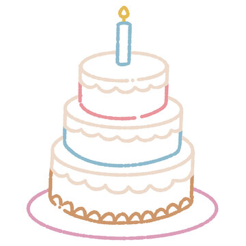 Cute Hand-Drawn Neon Style Three-Tier Birthday Cake with Candle and Colorful Outlines