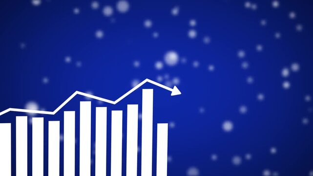 A white bar chart with an upward trending arrow overlaid on a blurred deep blue background with scattered white bokeh lights creating a sense of depth and celebration Keywords: chart, bar, white