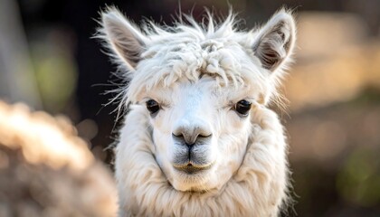 Fototapeta premium Close-up of a fluffy white alpaca staring directly at the viewer