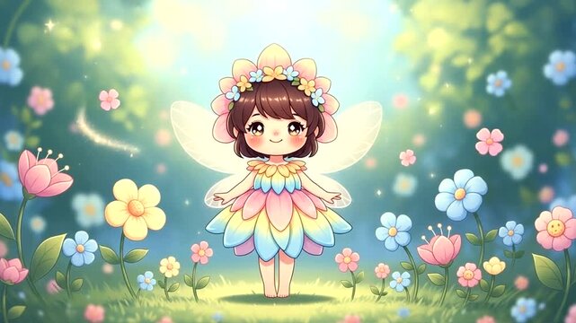 Cute cartoon fairy with wings in a magical flower garden.