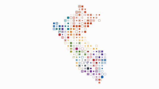 Peru animated country shape. Pulsating colored dots on the map of the country. Large size rounded square blocks. Digital style Peru map on white background. Awesome animation video.