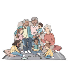 Diverse multigenerational family enjoys story time and games on a rug