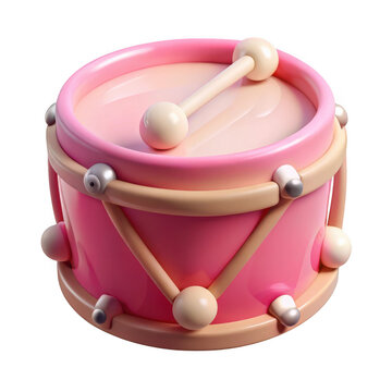 3d rendered pink toy drum with drumsticks isolated on transparent background