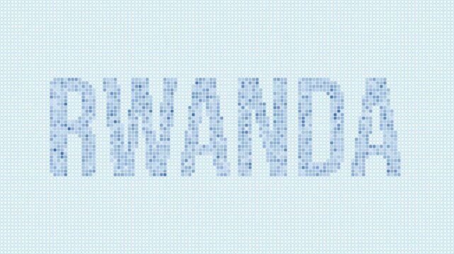 Rwanda dotted map animation. Digital style shape of the country. Rwanda shape and title dots appear with bulb flickering effect. Intro, outro, logo, title video.