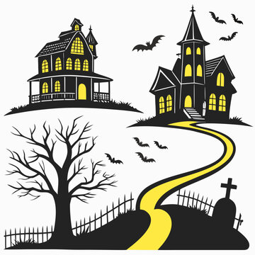 Spooky halloween landscape featuring haunted houses flying bats winding yellow road and cemetery with tombstone and dead tree on a white background
