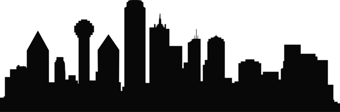 Dallas Texas skyline silhouette with Reunion Tower and modern downtown skyscrapers isolated on white background, iconic urban cityscape vector illustration for travel