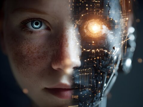 Futuristic closeup of half himan face merging with advanced cybernetic humanoid
