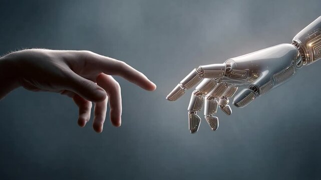 Human and robotic hand touching fingers.