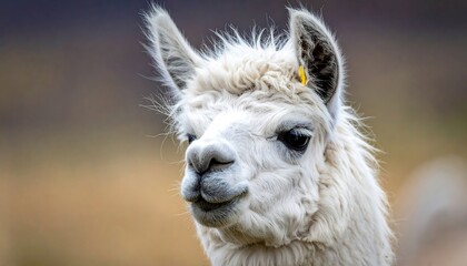 Fototapeta premium Close-up of a fluffy white llama, looking alert, with blurred background