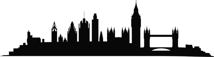 Fototapeta premium London skyline silhouette with Tower Bridge and Big Ben isolated on white background urban cityscape panorama vector illustration architecture landmark