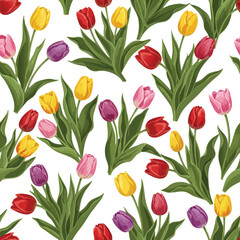 Obraz premium A cheerful, repeating pattern of colorful tulips with green leaves on a white background