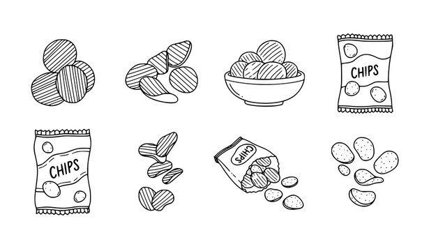 Crispy potato chips doodle icon set hand drawn snack outline symbols line clipart vector illustration