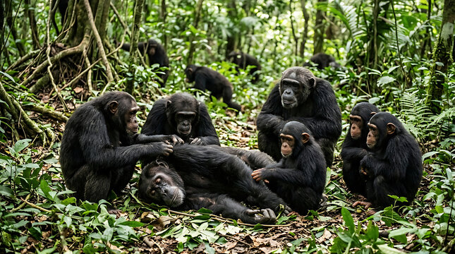 Chimpanzee family grooming in lush green forest.