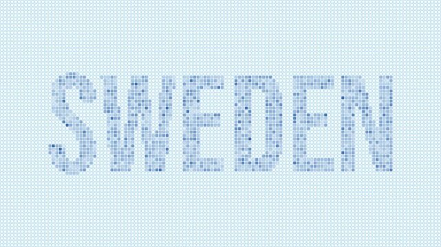 Sweden dotted map animation. Digital style shape of the country. Sweden shape and title dots appear with bulb flickering effect. Intro, outro, logo, title video.