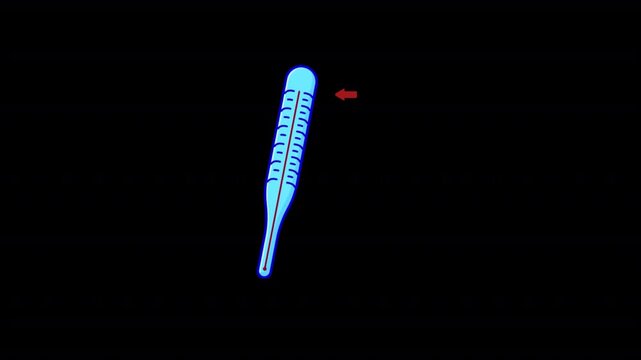 Animated flat color medical thermometer with alert signal, in dynamic motion, highlighting temperature measurement tools for healthcare, clinical, and wellness projects in alpha channel