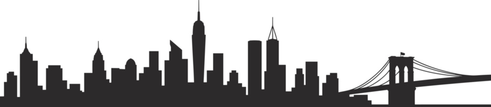 New York City skyline silhouette with Brooklyn Bridge and modern Manhattan skyscrapers isolated on white background, iconic NYC urban cityscape vector illustration