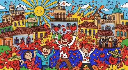 Fototapeta premium Colorful Tomato Festival Celebration with Joyful Characters and Sun