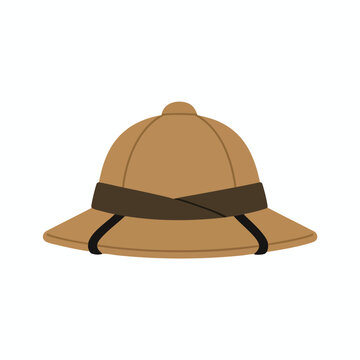 A brown pith helmet with a dark band and chin strap, on white