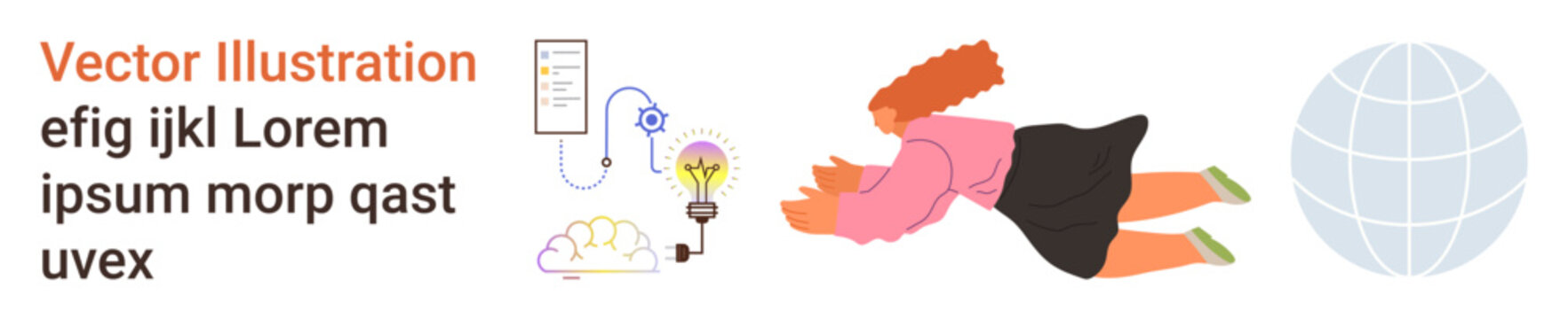 Education, innovation, creativity, global connection, brainstorming, research. Woman flying towards a globe, light bulb brain and data elements. Creativity and global connection