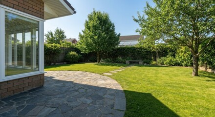 Obraz premium Home exterior featuring a stone patio, lush green lawn, trees, and a bright sunny sky