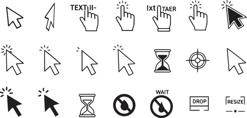 Fototapeta premium Collection of cursor and pointer icons including hand, hourglass, target, and forbidden symbols vector