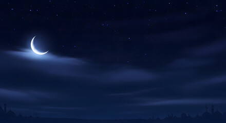 Naklejka premium Night sky with crescent moon and stars shining through clouds