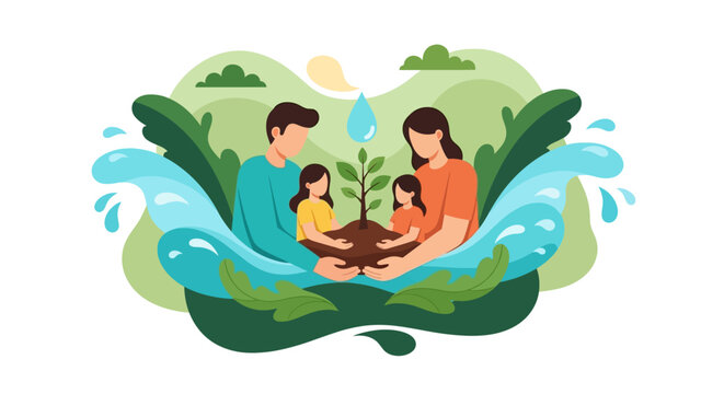 Family nurturing young plant with water and leaves around them outdoors