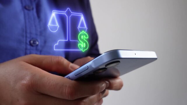 Fair financial assessment. Professional businesswoman checking her mobile phone with a virtual scale icon and a dollar sign.