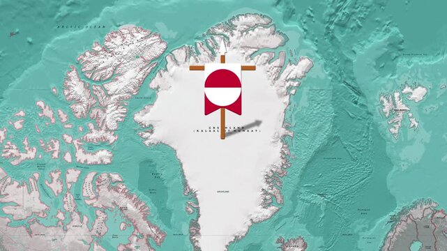 Greenland map with prominent flag banner animation over ice cap footage