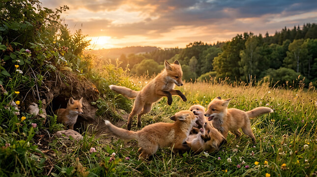Adorable Fox Kits Playfully Frolicking in a Golden Sunset Meadow.