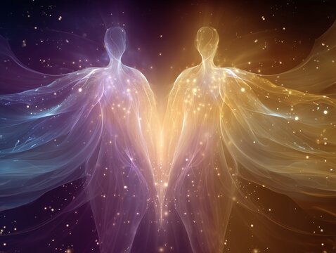 Symbolic representations of anima and animus in ethereal form, merging light and spirit in visual harmony.