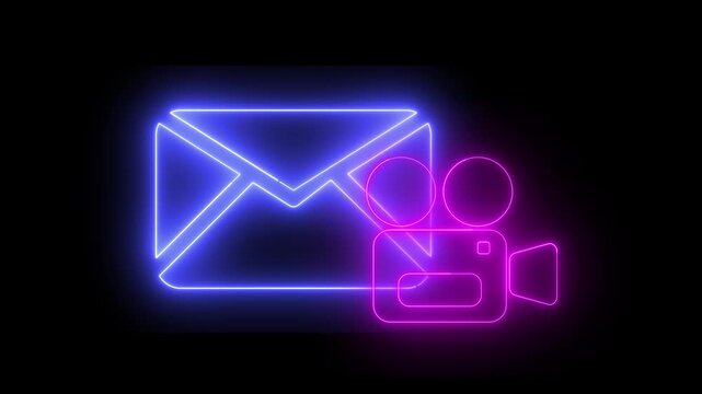 Neon light effect animation of a mail envelope icon with a video camera