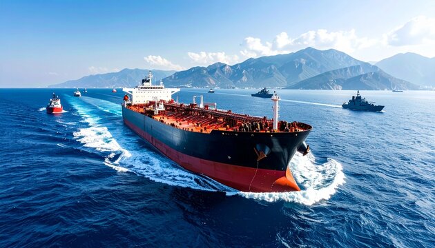 Oil Tanker Escort by Naval Warships in Open Ocean Sea