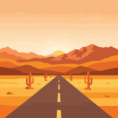 Desert landscape with road leading to mountains and the setting sun © Itachi