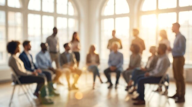 A diverse group of blurred people participates in a constructive meeting or support session held in a sunlit room with large windows.