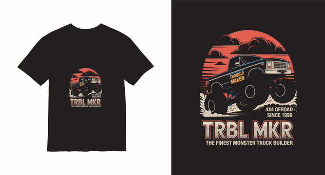 Trouble maker monster truck with retro sunset background