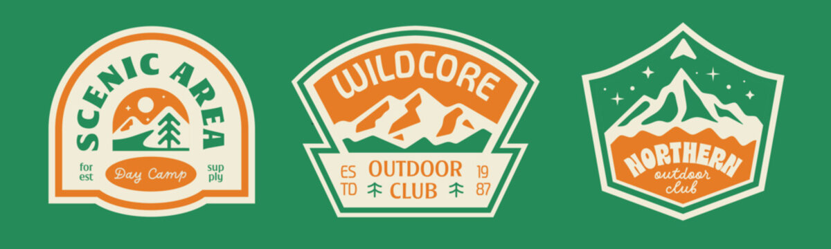Set of outdoor club badges, patchs, labels, logos collection. Wild scenic mountain design outdoor adventure.