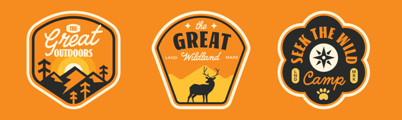 Obraz premium Set of outdoors camping labels. Wild retro adventure stickers and badges design.