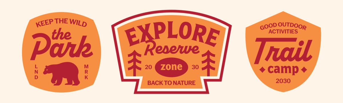 Set of trail camp stickers collection. Explore adventure badges, logos, and patchs design.