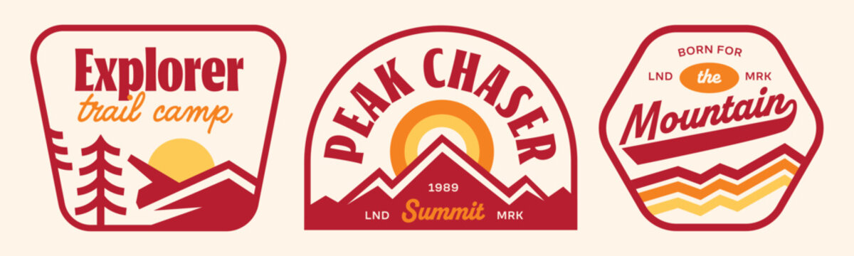 Set of mountain and camping badges collection. Retro outdoor stickers. Explorer patchs design.