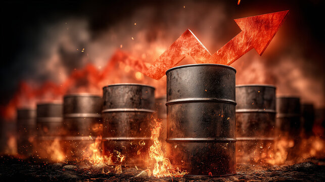 Surging Energy:  A dramatic visual of oil barrels engulfed in flames, an upward-pointing arrow suggesting escalating costs and market volatility. 