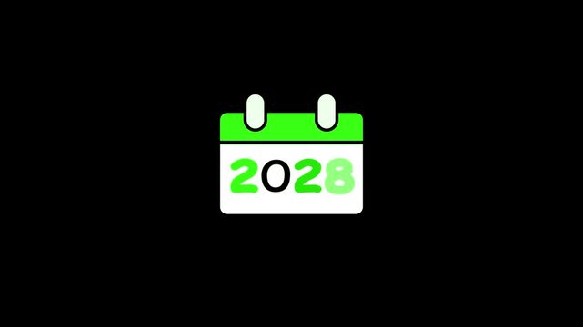 A minimalist flat of a calendar displaying the year 2028 with a bright green header and accent on the number two against a stark black background representing a future date or event planning concept