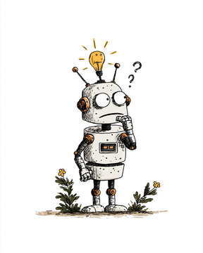 Thinking Robot: A whimsical illustration of a robot pondering a question, with a lightbulb illuminating above its head, symbolizing thought and innovation.