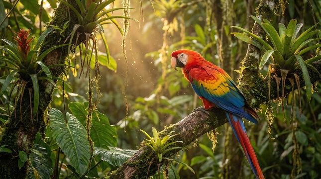 Vibrant Scarlet Macaw Perched in Lush Costa Rican Rainforest with Sunlit Canopy.